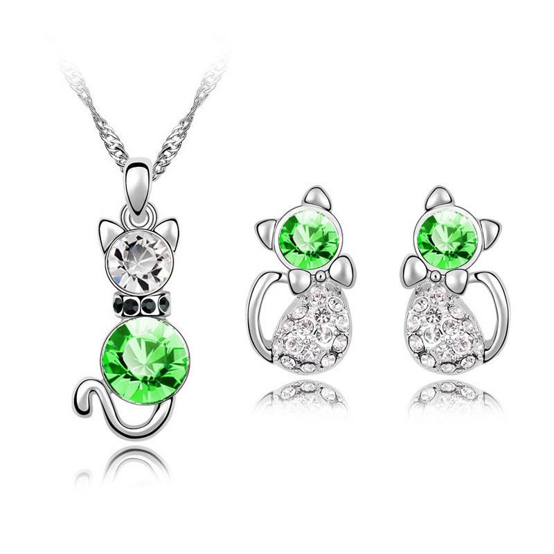 Cat 3pcs Crystal Shaped Necklace Earrings Jewelry Set Gift Teen Girls For Women