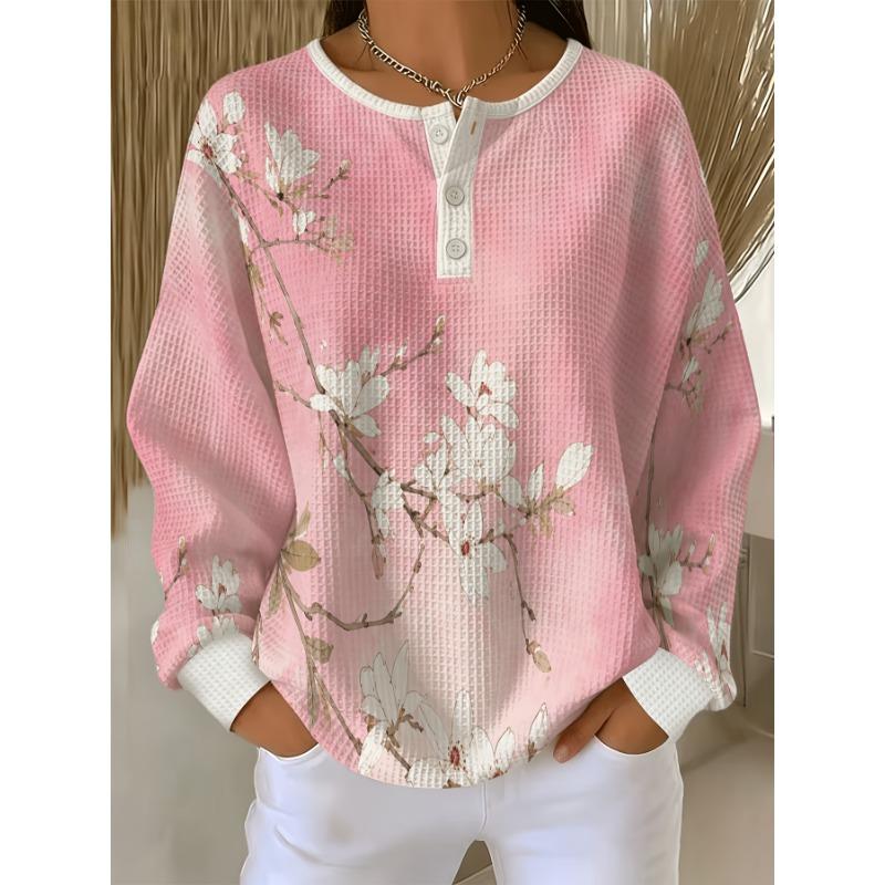 Women's Waffle Henley Button Up Long Sleeve Top Pink Gradient Magnolia Branch Print Casual T-Shirt