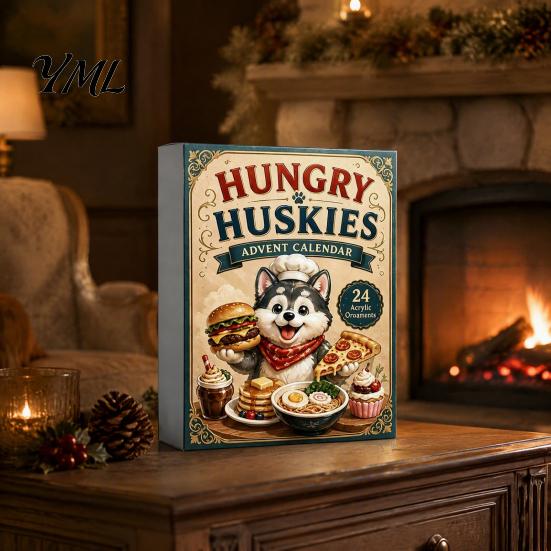 Dog Lover Christmas Gifts Husky Advent Calendar with 24 Foodie Acrylic Ornaments, 2D Flat Tree Decoration, Cute Themed Countdown Box for Home
