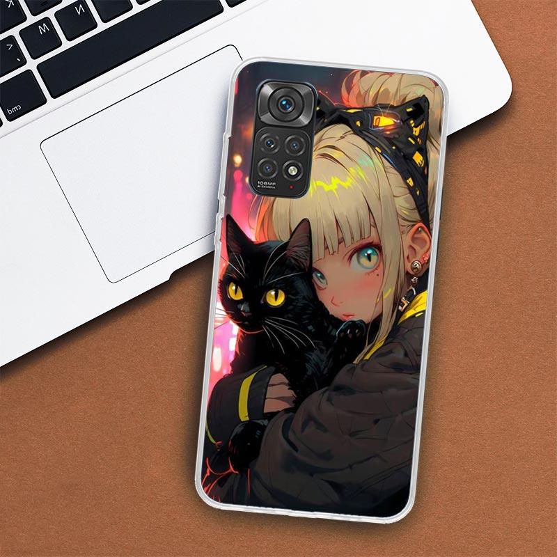 Anime Girls Cute Black Cat Phone Case For Xiaomi Redmi Note 12 12S 11 11S 10 10S 9 9S 11T 11E Pro Plus 8 8T 7 5 9T + Coque Cover