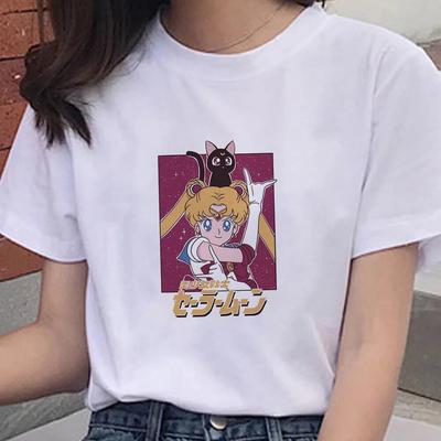 Cartoon Anime Sailor Grafische Maan Print 100% Katoenen T-shirt Mode Goth Meisjeskleding Korte Mouw Oversized Unisex Vrouwen T-shirt Unisex
