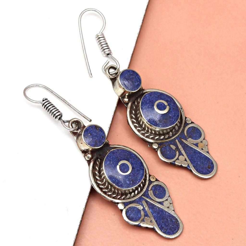 Nepali Tibetan Turquise Lapis Lazuli Gemstone Silver Jewelry Earring 1.5''