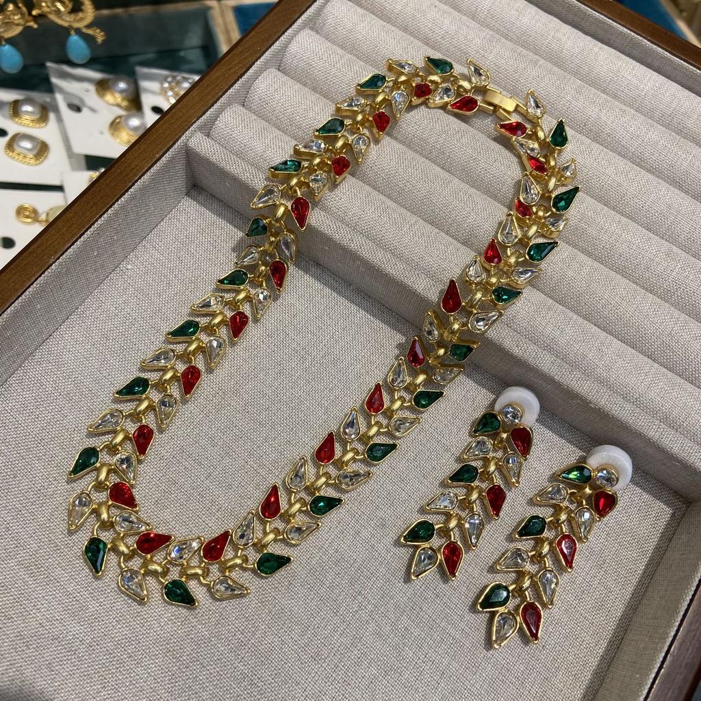 Medieval Series Accessories Colored Water Droplet Diamond Leaf Necklace Earrings Two-Piece Set Middle East Bridal Jewelry