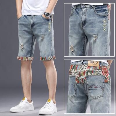 Elastic Five-point Denim Shorts Men's Summer Embroidery Korean Version Loose Straight Slim Casual Korean Version