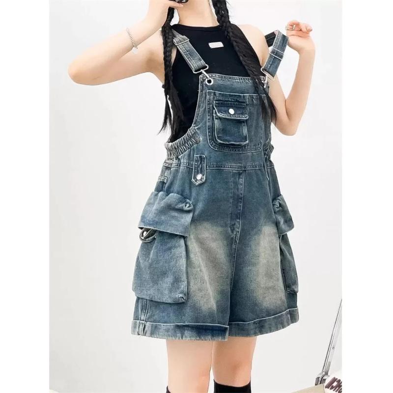 Pantalones de Peto Vaqueros Vintage Americanos para Mujer Moda Pierna Ancha Mono Ajuste Delgado Diseño Holgado Estilo Juvenil Mono Corto