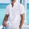 Men Linen Blend Henley Shirt Short Sleeve Stand Collar Casual Button Up With Pocket