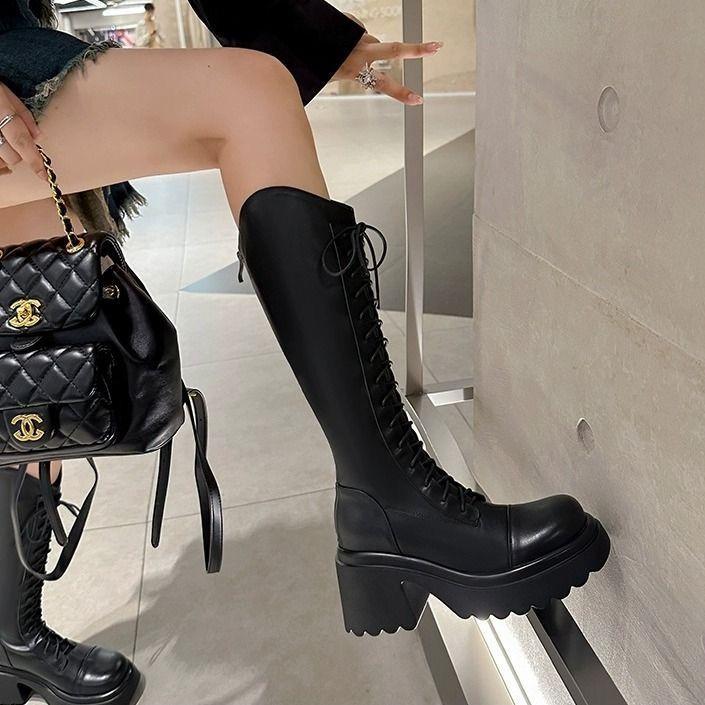 V-mouth thick-soled versatile boots for women 2025 autumn and winter looking thin thick heels but knee knight boots high boots tide