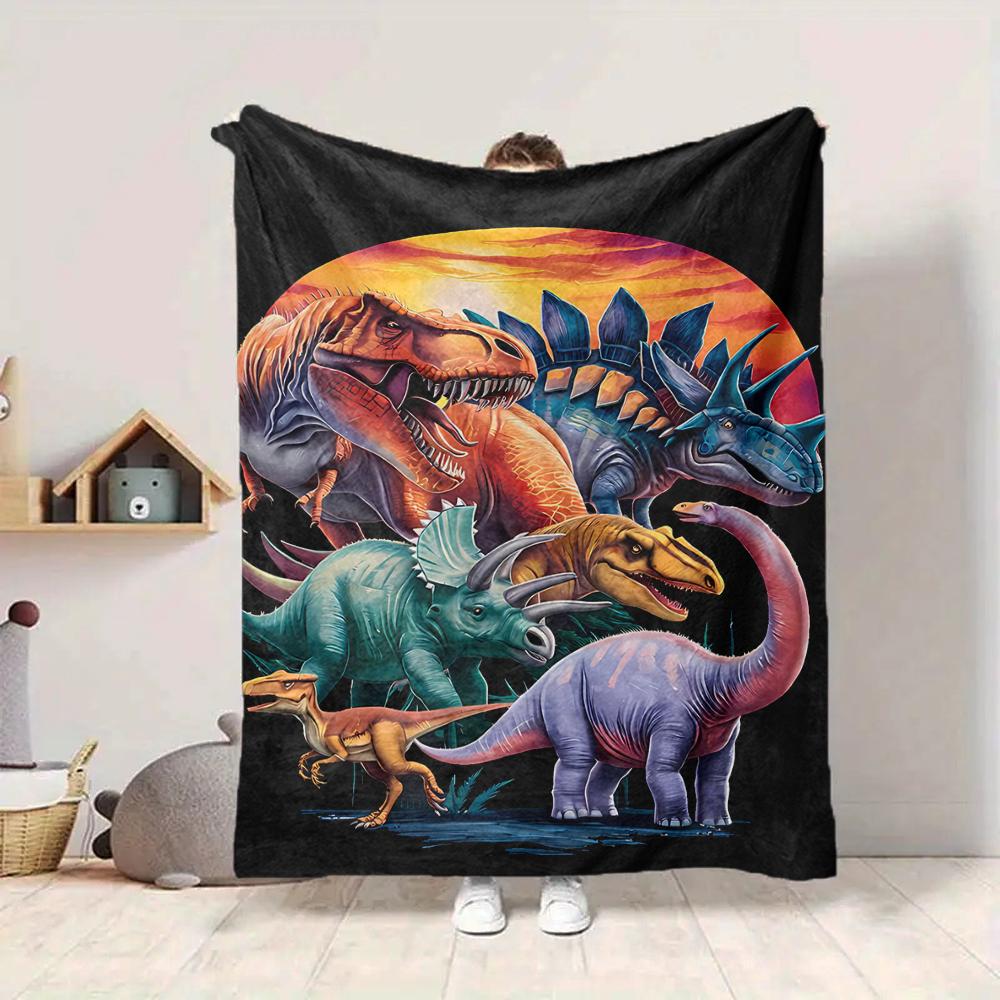 1Pc Dinosaur Sunset Adventure Flannel Blanket, Soft And Comfortable, Casual Warm, Camping Travel, Christmas, Halloween Xmas Gift. G1154