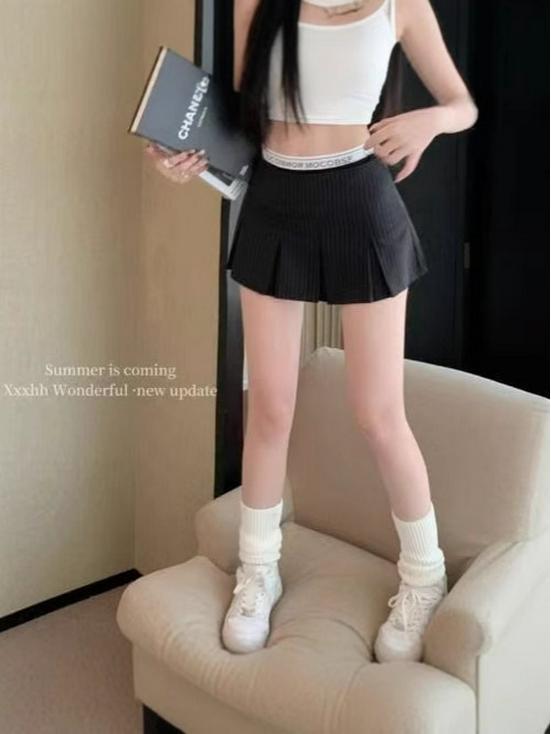 Slimming High-Waist Pleated A-Line Skirt, Striped Spliced Design, Women's Summer Mini Bodycon Skirt, Hot Season Style.
