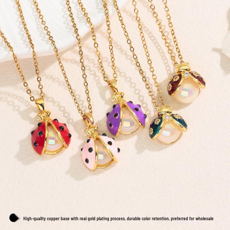 Whimsical Ladybug Pearl Pendant Necklace with Colorful Oil Drip and Star Accents