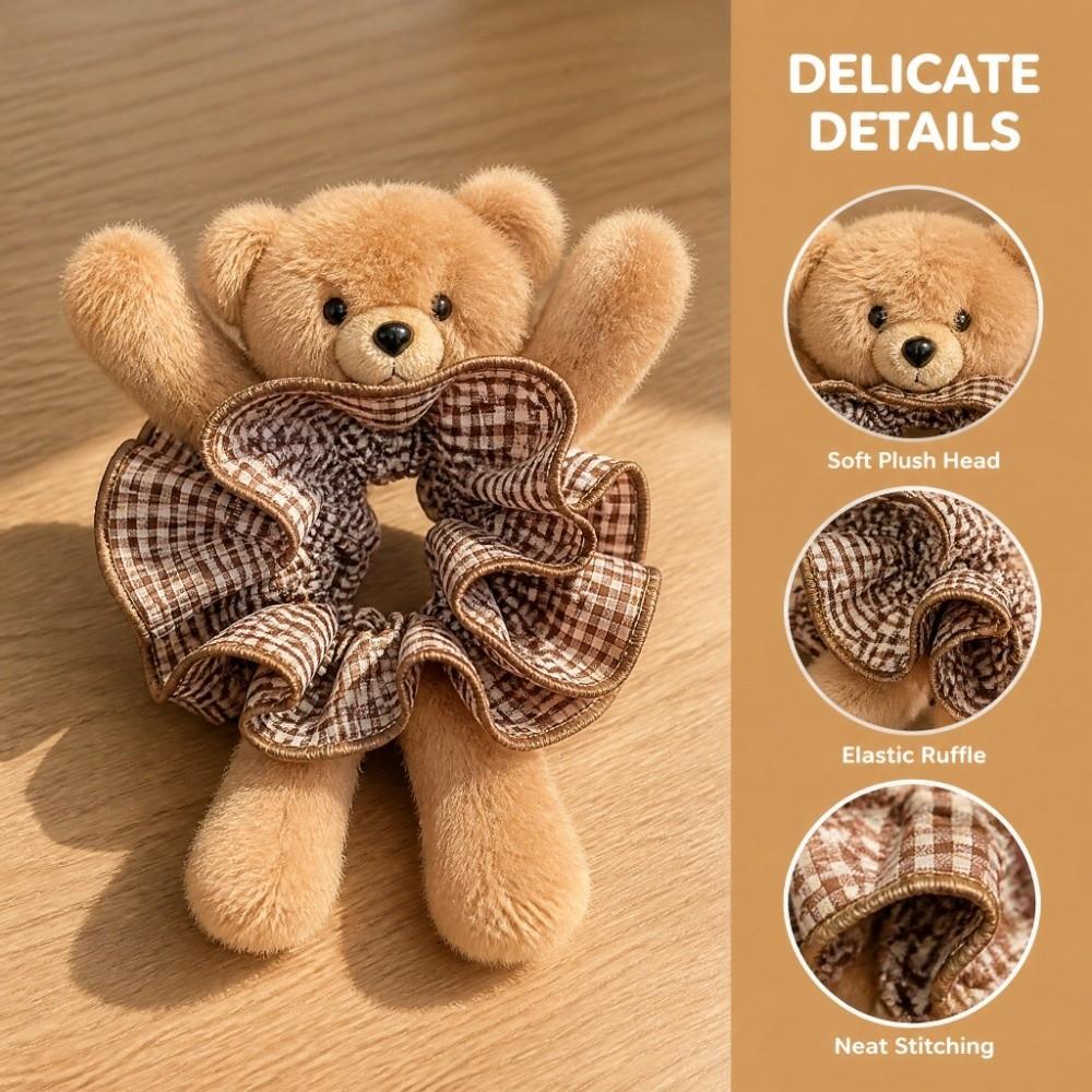 High Elasticity Plush Bear Scrunchies Cute Hair Rope Gift Plaid Ponytail Holder Daily