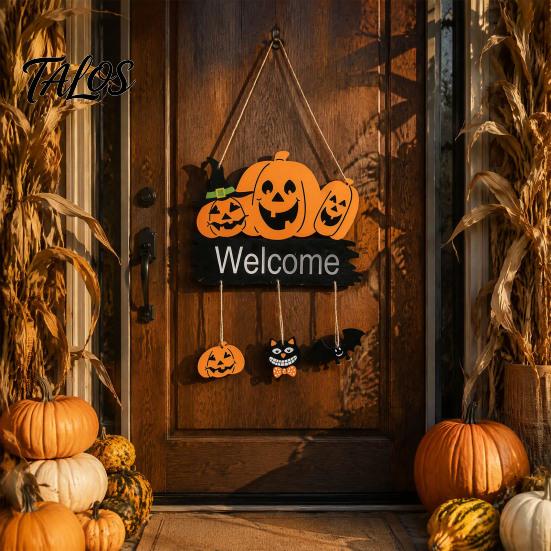 Halloween Ornament for Window Welcome Door Hanging Sign, 3D Layered Pumpkin Skull Spider Plaque, Theme Sign Wooden Front Porch Wall Decor Home