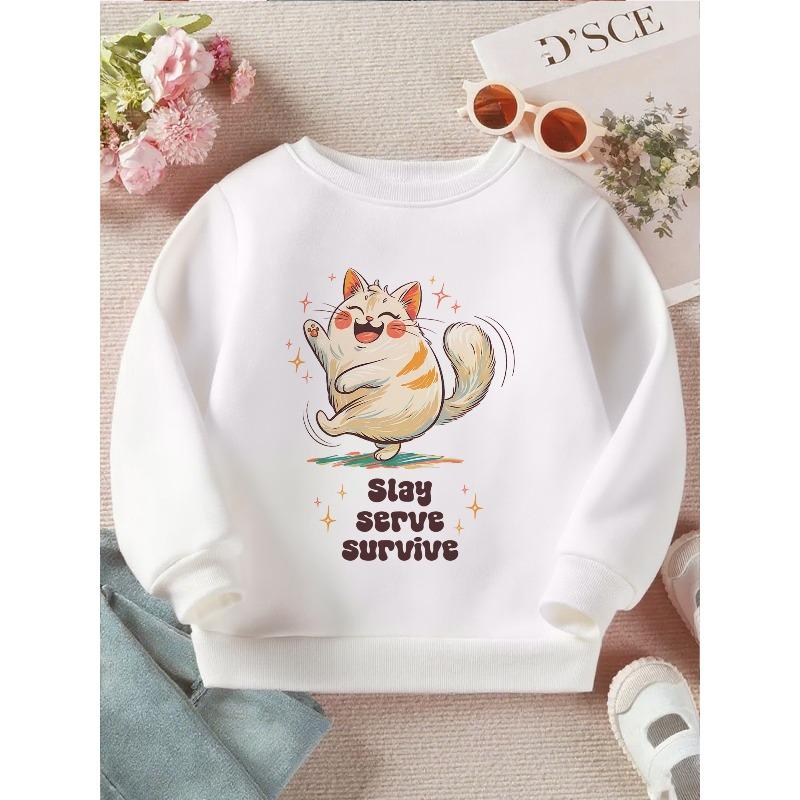 Kids Crewneck Sweatshirt, Cute Tabby Cat Print with Stay Curious Inspirational Slogan 110 белый