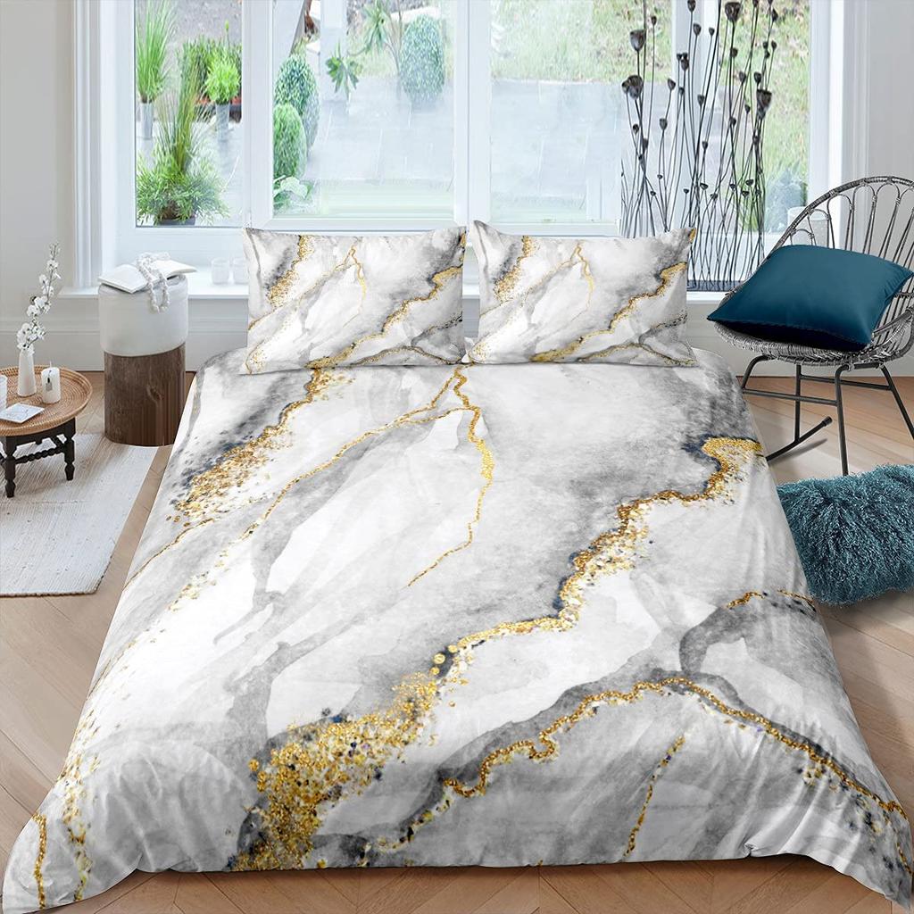 Marmurowy Zestaw Poszewek na Kołdrę Rozmiar Pełny Złoty Marmurkowy Wzór Zestaw Pościeli 3szt. do Pokoju Chłopca Dziewczynki, Abstrakcyjna Tekstura Kamienia Poszwa na Kołdrę
