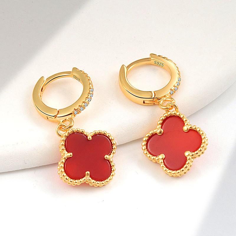 Womens Four Leaf Clover Earrings 18K Gold Plated Red Agate Luxury Fashion Jewelry