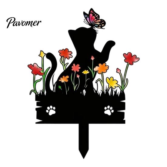 Acrylic Cat Silhouette Decor Kitten Garden Stake, Decorative Yard Sculpture with Flowers And Outdoor Lawn Ornament Butterflies, Waterproof Art