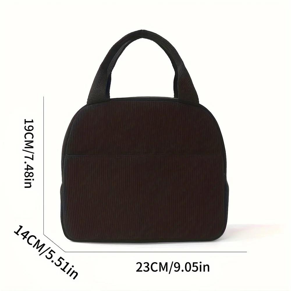 Reusable Thermal Insulated Bento Bag Embroidery Portable Corduroy Lunch Bag for Kid Ideal for Go To School/Travel Work Trips