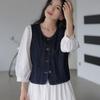 All Match Vintage Denim Vests Blue Cropped Sleeveless Jacket Simple Button-up Short Coats  Ladies