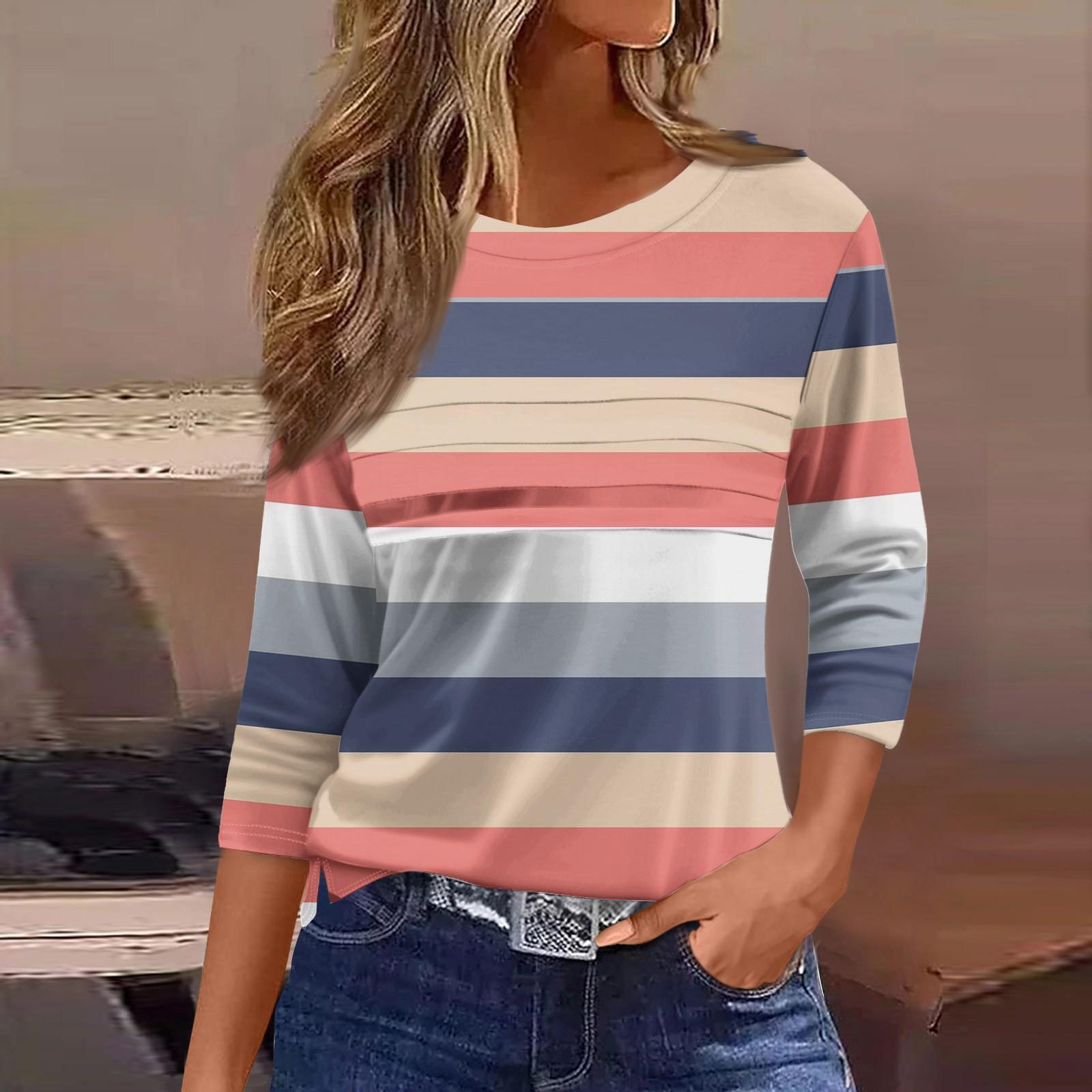 

Женская мода повседневный свободный топ с рукавом 3/4 в полоску с круглым вырезом XL арбуз красный