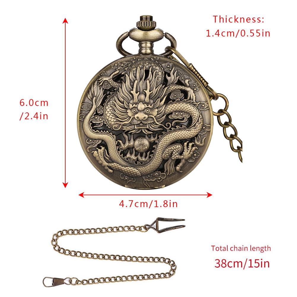 Bronze Vintage Ancient Dragon Design Quartz Pocket Watch Steampunk Analog FOB Pocket Chain Gift Men Women Necklace Pendant Clock