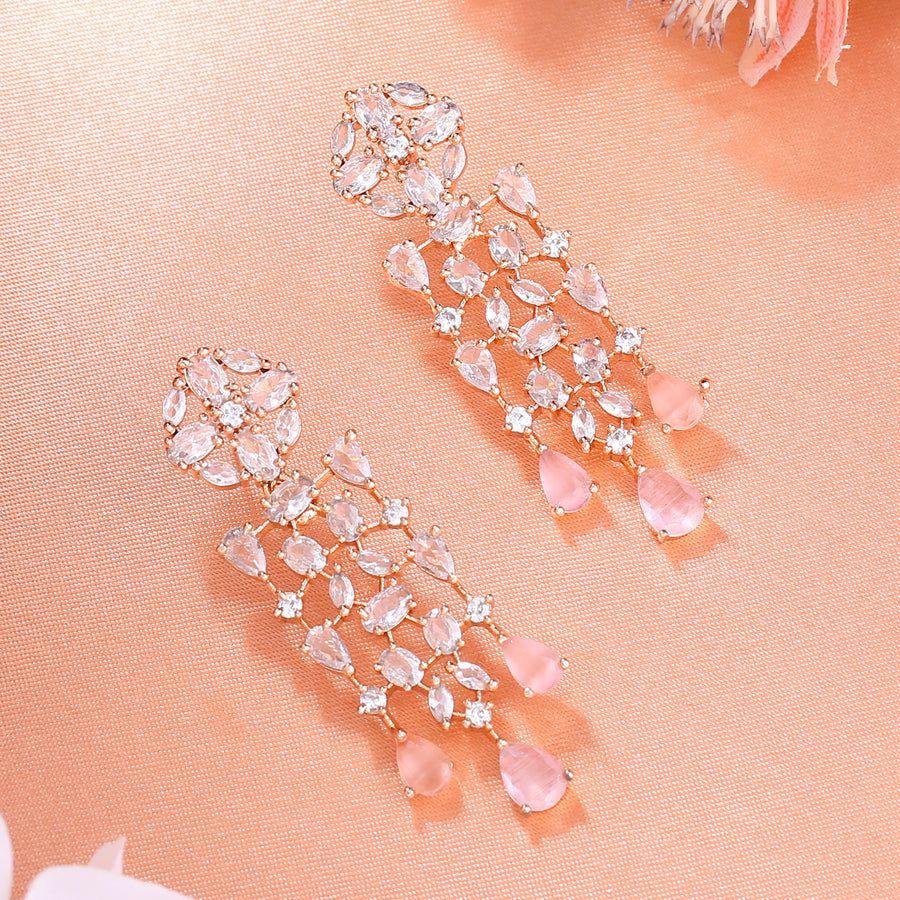 Estele Designer Rose Gold Earrings with Shiny CZ Streamers and Mint Pink Stones for Women