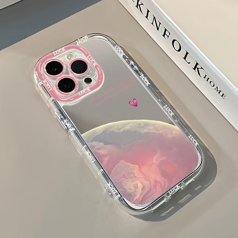 Pink Planet Heart Phone Case For iPhone 17 16 15 14 13 12 11 Pro Max 7 8 Plus XR X XS 17E 16E Luxury Makeup Mirror Soft Cover