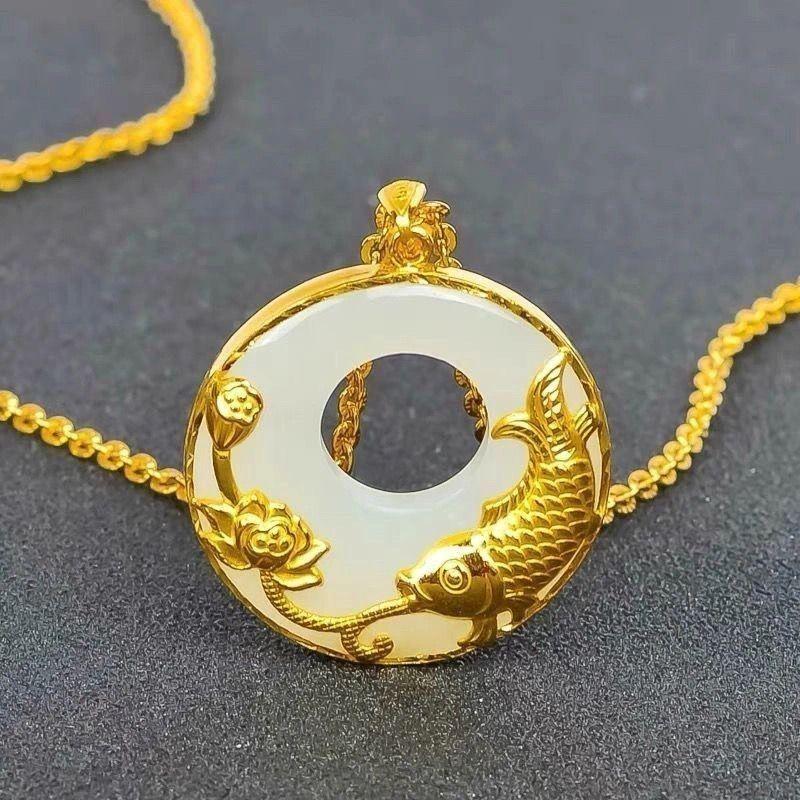 Xiaohongshu Luxury Koi Lotus Pendant Necklace for Women - Elegant Peace Buckle Clavicle Chain