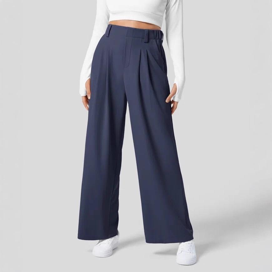 Women's High Waist Pleated Wide Leg Dress Pants Solid Color Office Business Trousers With Side Pockets