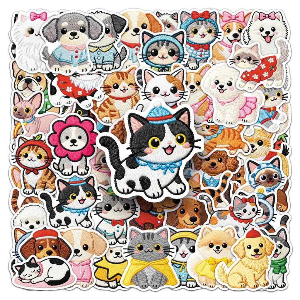 56PCS Cute Animal Stickers - Embroidered Cartoon Cat & Dog Designs for Earphones, Water Bottles, Stationery, and Guitars