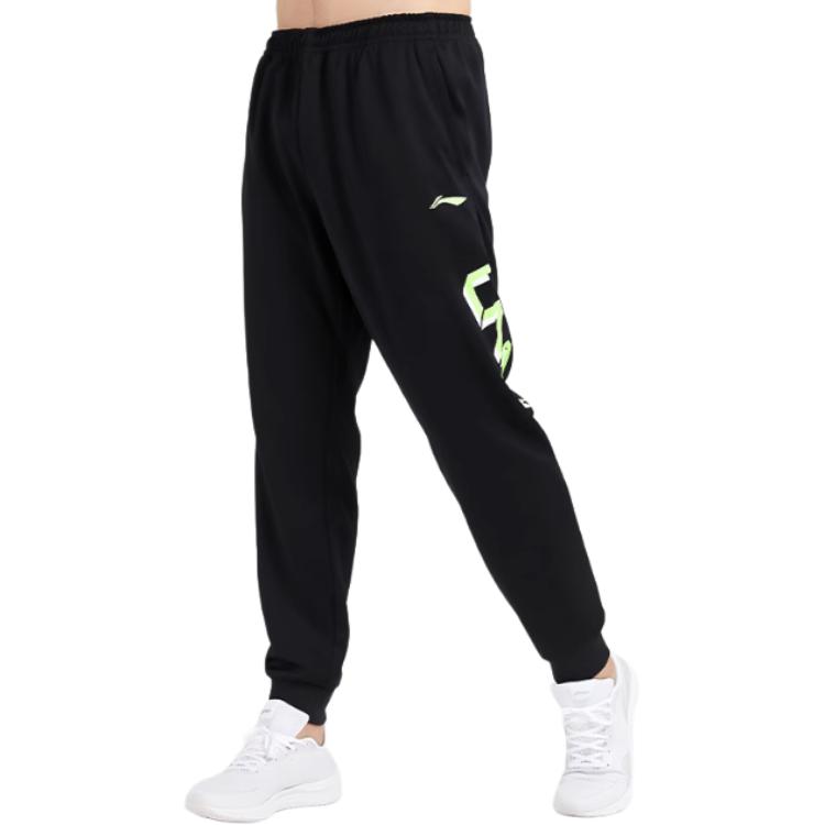 Li-Ning Sports Fashion Series Letter Print Drawstring Cuffed Mid-Waist Knitted Sports Pants Men bottoms Standard-Black YKLU275-3