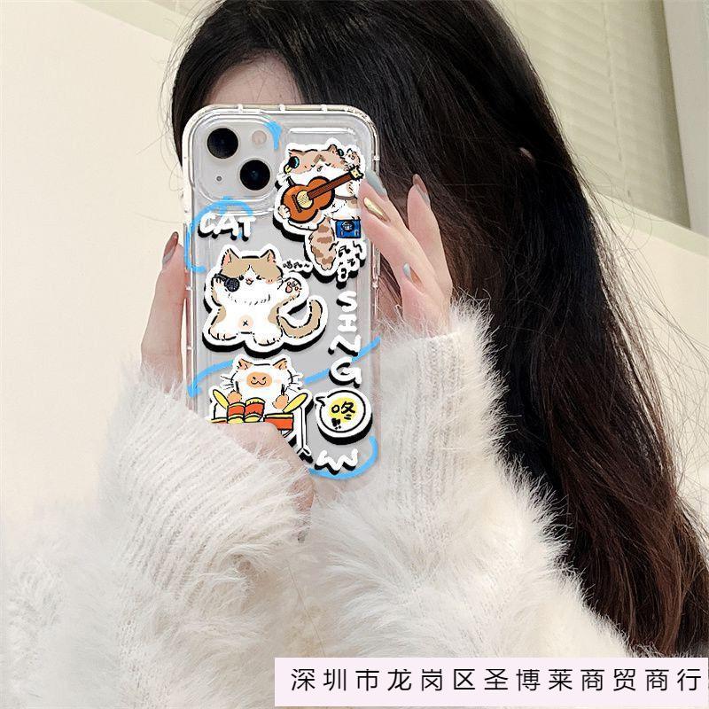 Rock music cat iPhone16promax mobile phone case Apple 14 transparent 13/15 fine hole anti-drop 11