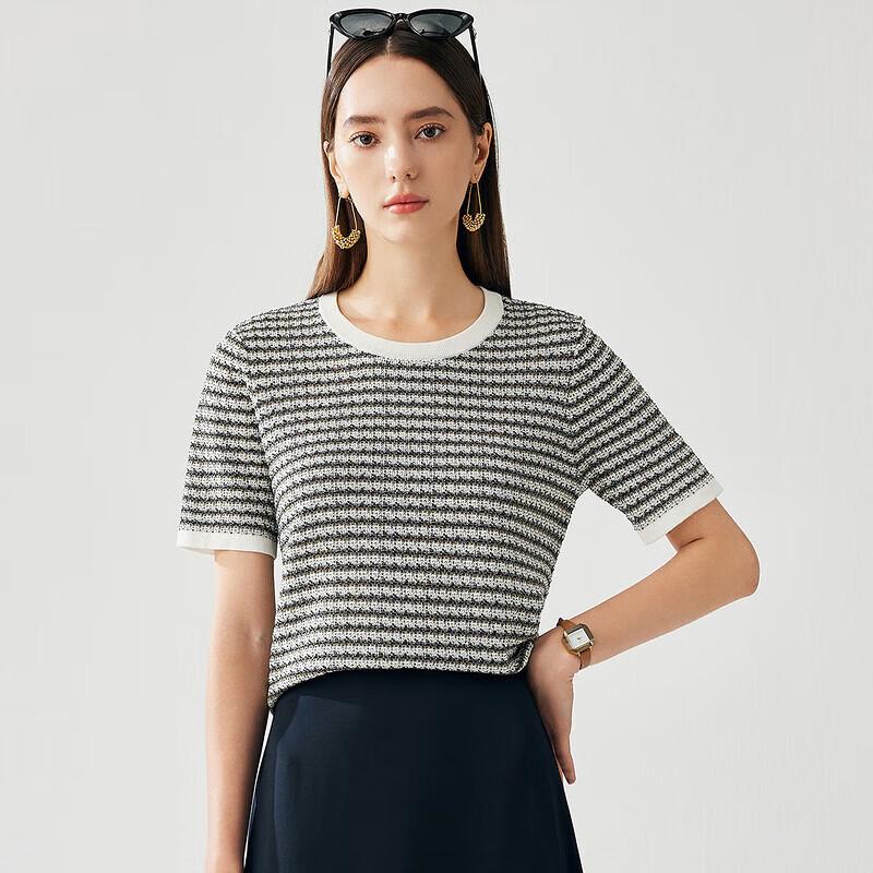 Women's Silk Blend Striped Short Sleeve Knit Top