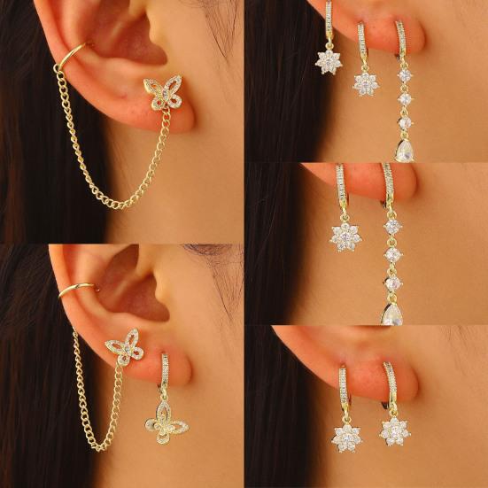 5 Pcs Women Earrings Set Sparkling Rhinestone Flower Butterfly Chain Hoop Earrings Gold Plated Cubic Zirconia Dangling Earrings for Prom Wedding
