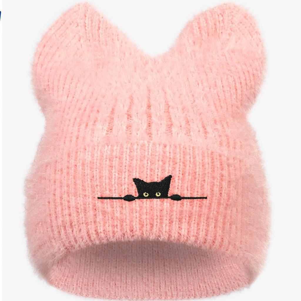 Charming Cat Ear Embroidered Wool Beanie - Cute and Cozy for Autumn & Winter