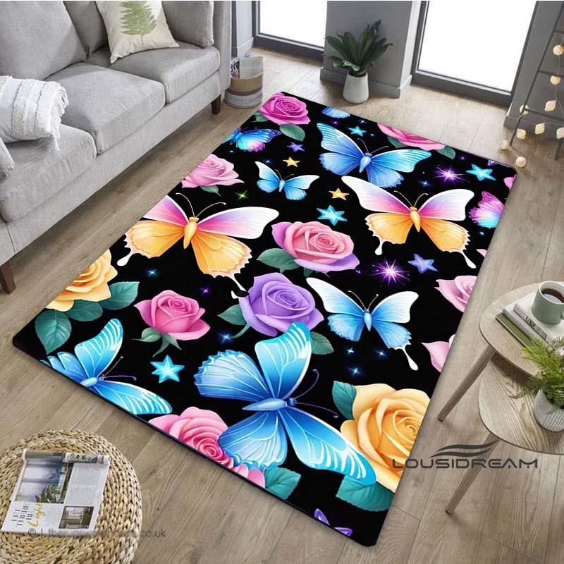 Customizable3D Luxury Dream Butterfly Flower Non-Slip Carpet for Home Living Room Bedroom Sofa Washable Kid Play Area Rug Decor