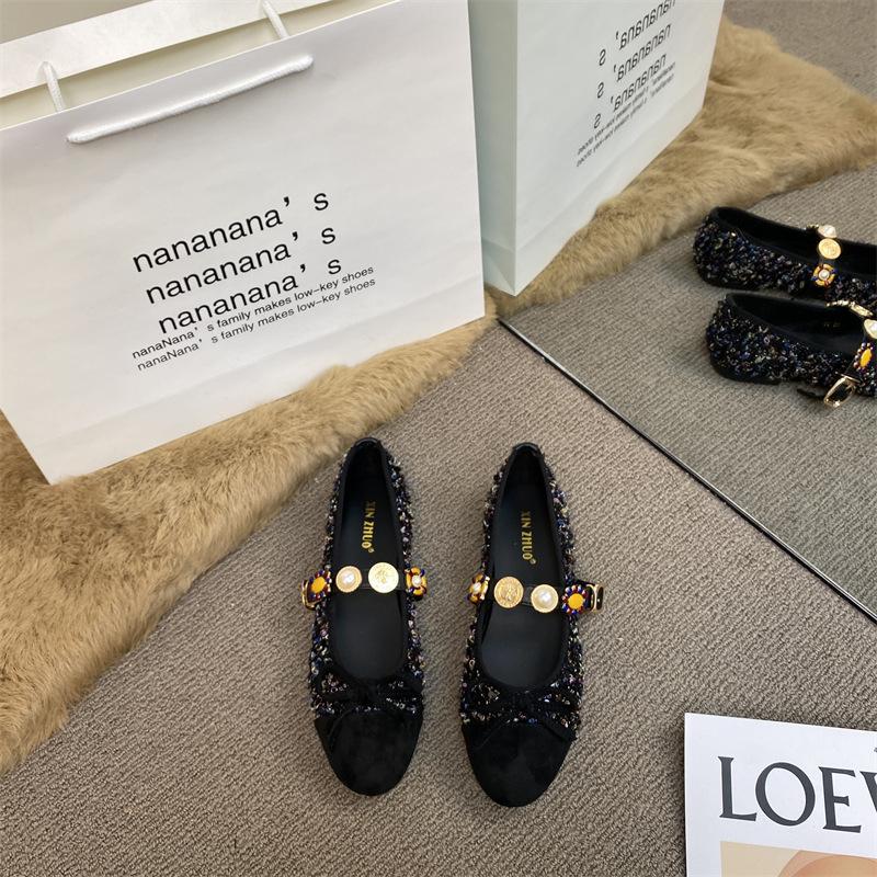XINZHOU Tweed Color Matching Flat-bottomed Bow Single Shoes Women's 2025 One-word Buckle Pearl Light Mouth Mary Jane Shoes