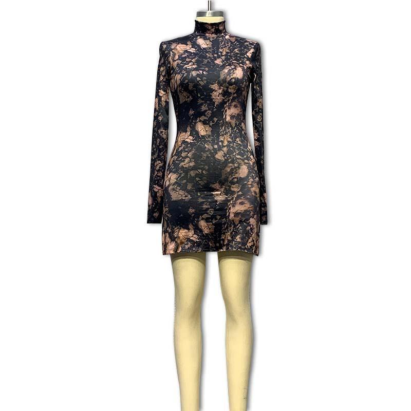 Robe d'automne à manches longues pour femme, col roulé semi-transparent, imprimé, sexy, coupe ajustée, fente, couverture des fesses