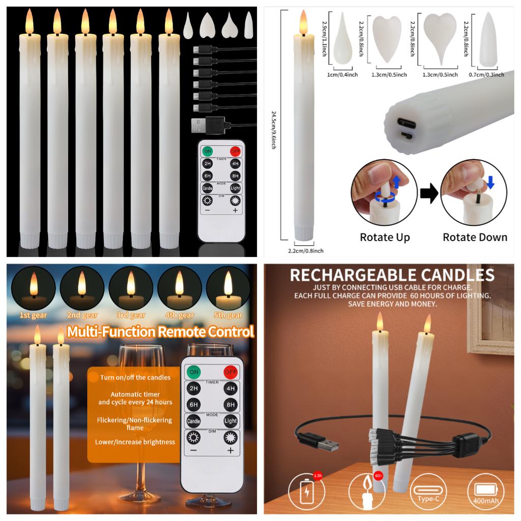 6Pcs Rechargeable Flickering Candles Flameless LED Tea Light Christmas Candles 1D Wick Battery Operated Electronic Candle Lamp