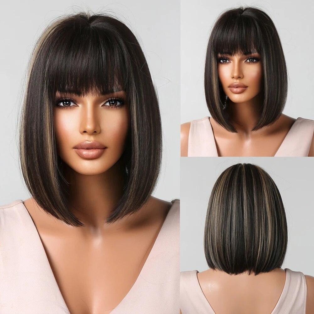 Purple Pink Ombre Black Short Straight Synthetic Wigs with Bangs Bob Wig for Women Daily Cosplay Party Heat Resistant Fake Hairs