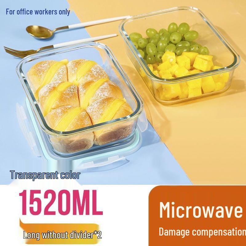Microwaveable Transparent Glass Bento Lunch Box with Lid and Fresh-Keeping, Includes Damage Compensation.