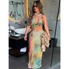 Aesthetic Printed Two Piece Set Women Halter Bandage Irregular Camis+High Side Split Maxi Skirts Female Vacation Outfits