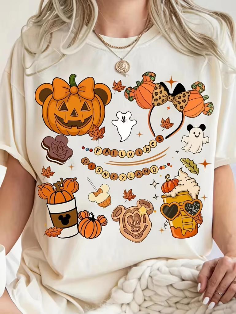 MicHalloween Nightmare on Main Street Mickey Minnie Mouse Ghosts Bats and Pumpkins Casual Breathing Tshirt Women Unisex Top