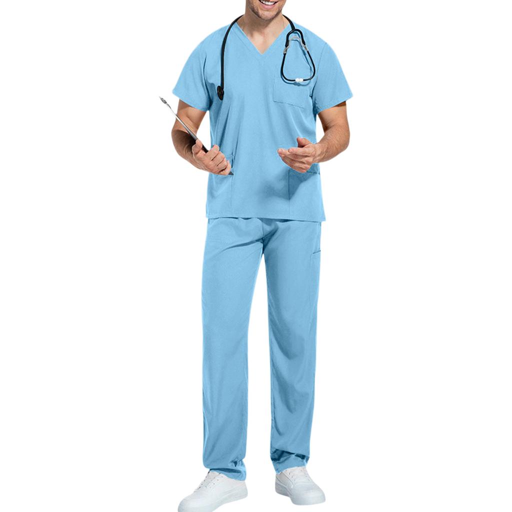 Unisex V Neck Scrub Set Short Sleeve Top and Elastic Waist Pants Two Piece Uniform for Medical Professionals