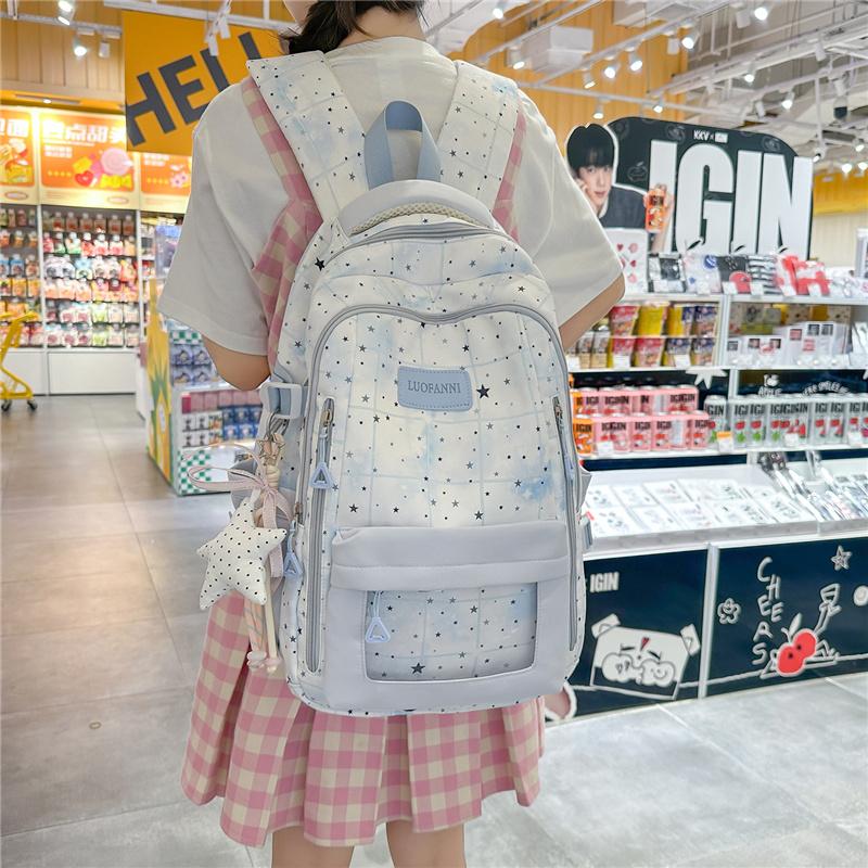 Cute Star Print School Backpack Lightweight Nylon Zipper Daypack with Clear Pocket for Teen Girls Daily Travel