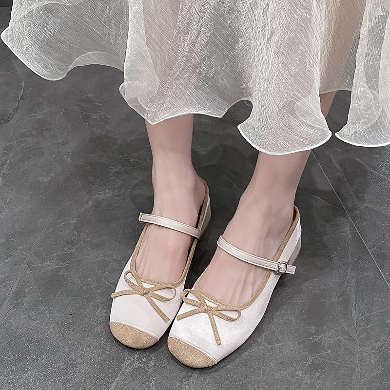 Women's Slippers Summer New Fashion High Heels Round Head Bow Bow Buckle Sandals Casual Coarse Heels Slippers Zapatos Mujer