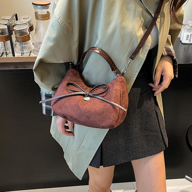 Vintage Bow Candy Color Women Suede Shoulder Bags Simple Lightweight Ladies Crossbody Bag Portable Girls Handbags Purse