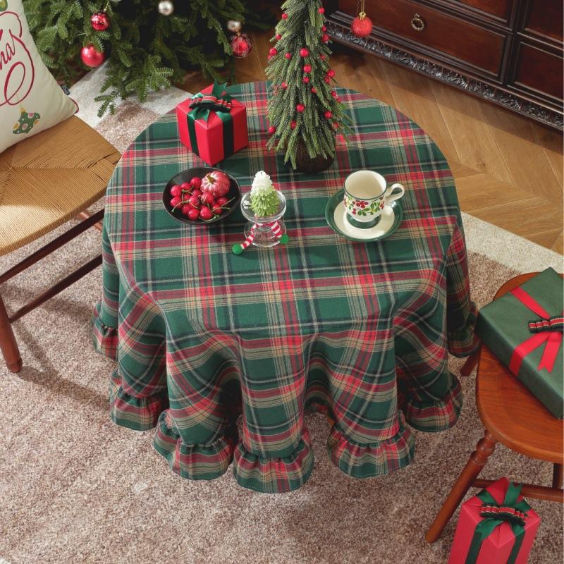 Christmas Green Plaid Ruffled Tablecloth Rectangular/Round Washable Anti-Stain Table Decorations For Kitchen Wedding Table Cover