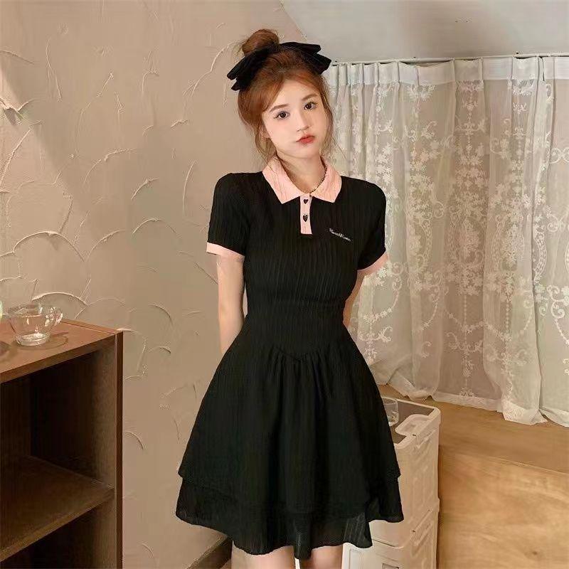 2026 New French Style Black Polo Collar Dress - Chic Spring/Summer Women s Fashion Small (75-90)