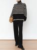 Women's High Neck Knitted Sweater - Retro Striped Design, Loose Fit, Autumn/Winter 2023, Korean Style.