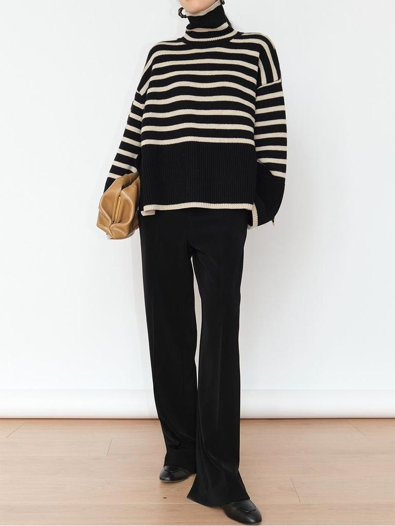 Women's High Neck Knitted Sweater - Retro Striped Design, Loose Fit, Autumn/Winter 2023, Korean Style.